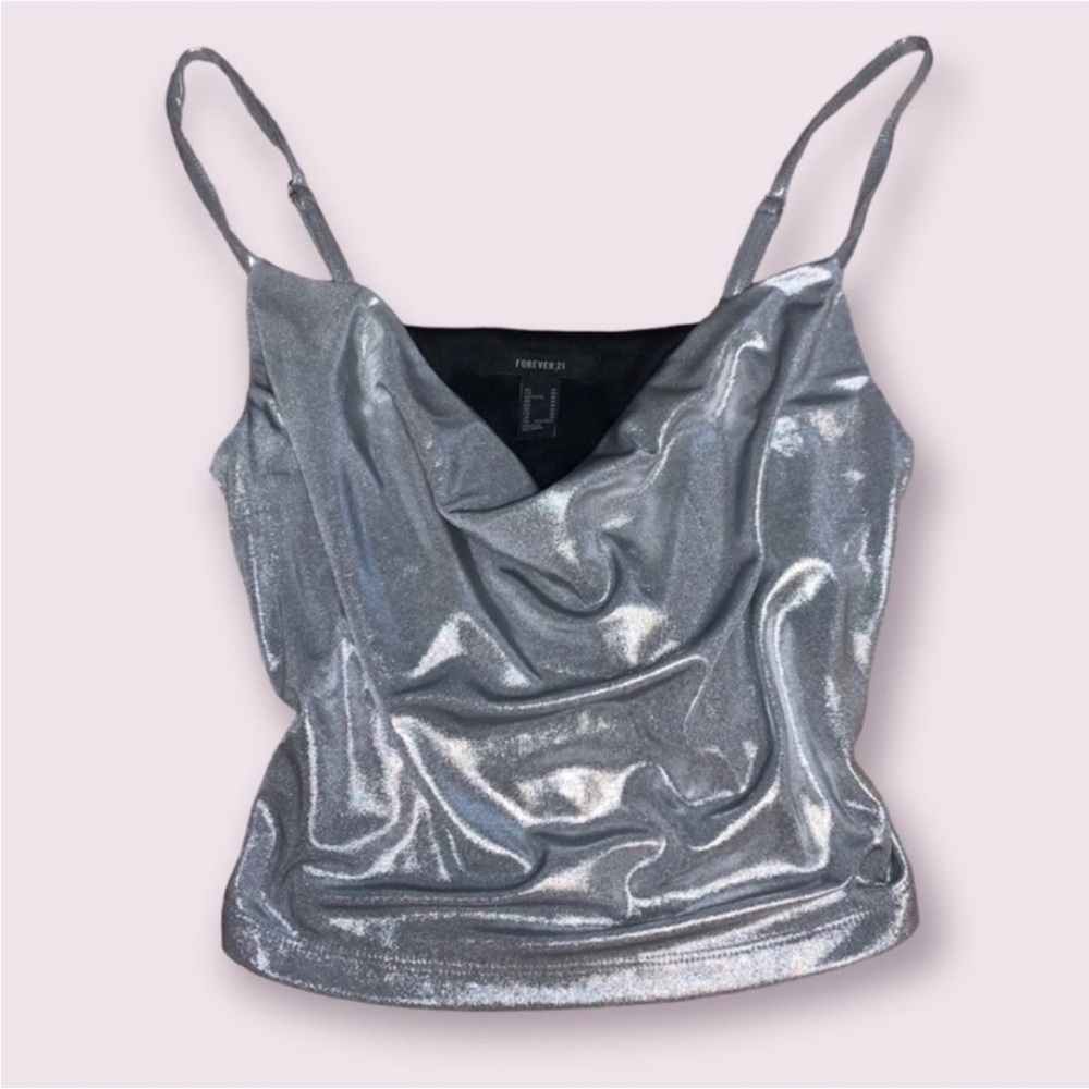 Forever 21 Silver Metallic Cowl Neck Top